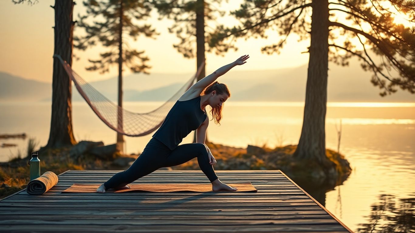 Person stretching on lakeside dock, hammock nearby, sunrise mist, trees.