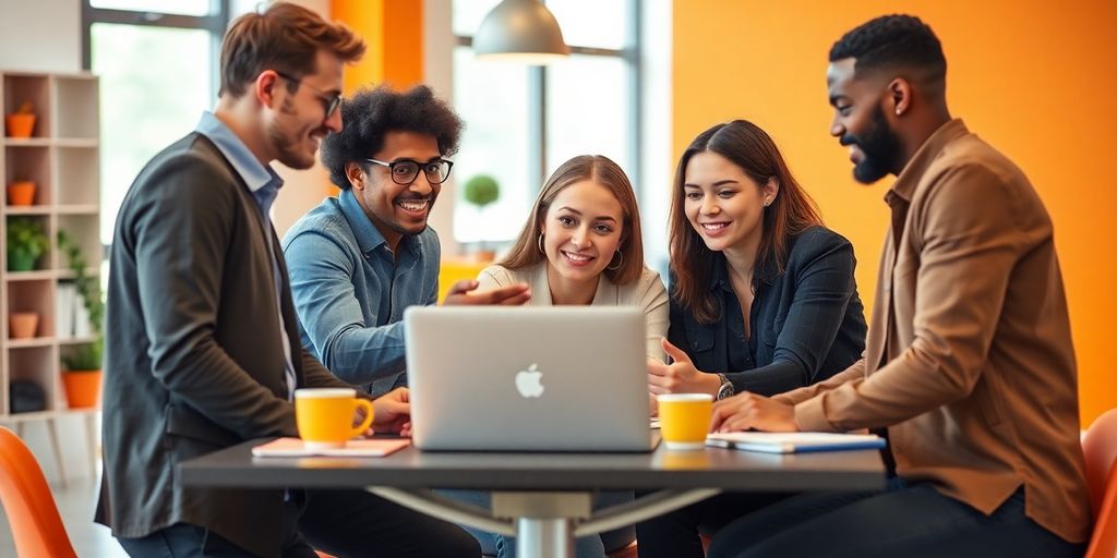 Diverse professionals collaborating in a modern workspace.