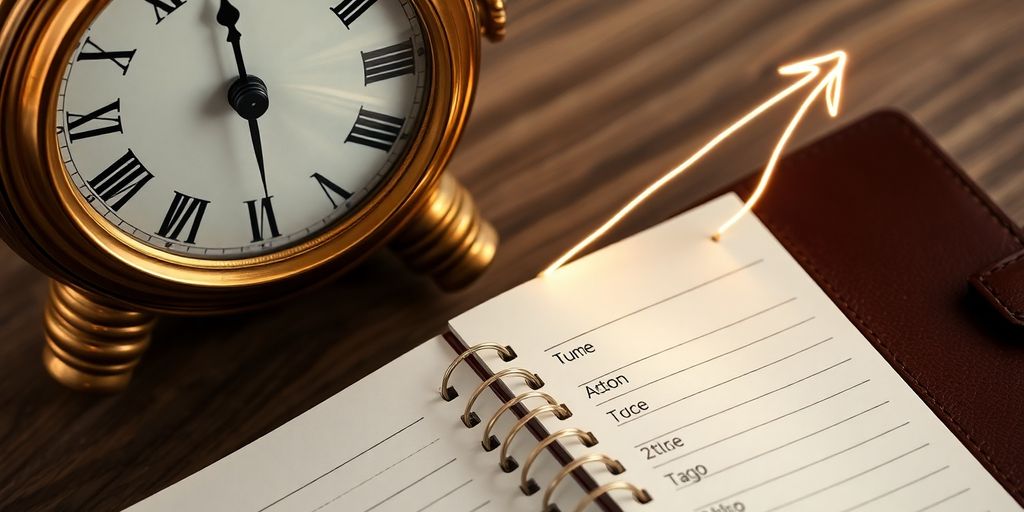 Clock, calendar, and rising arrow.