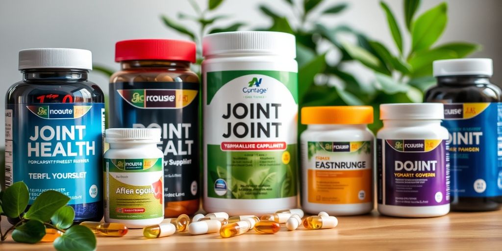 Assorted fitness supplements for joint health on a wooden table.