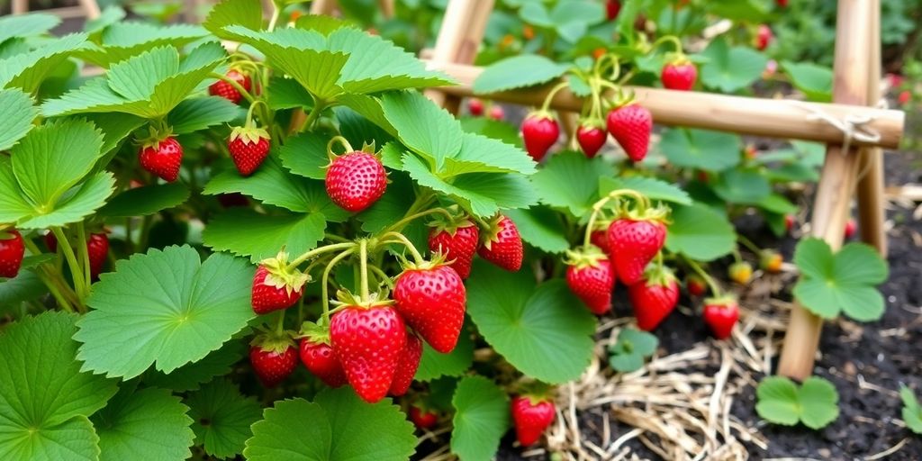 DIY-Rankhilfe für Erdbeeren in einem Garten.