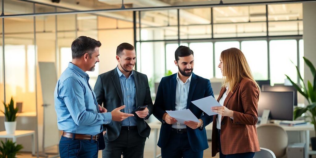Professional discussing strategies in a modern office.