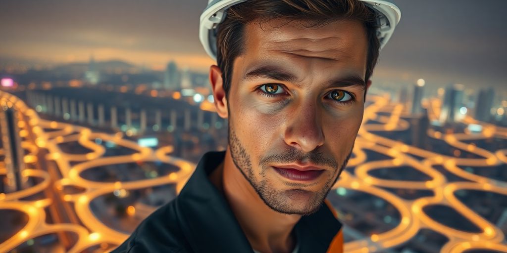 Engineer, adaptable, resilient, futuristic city, glowing pathways.