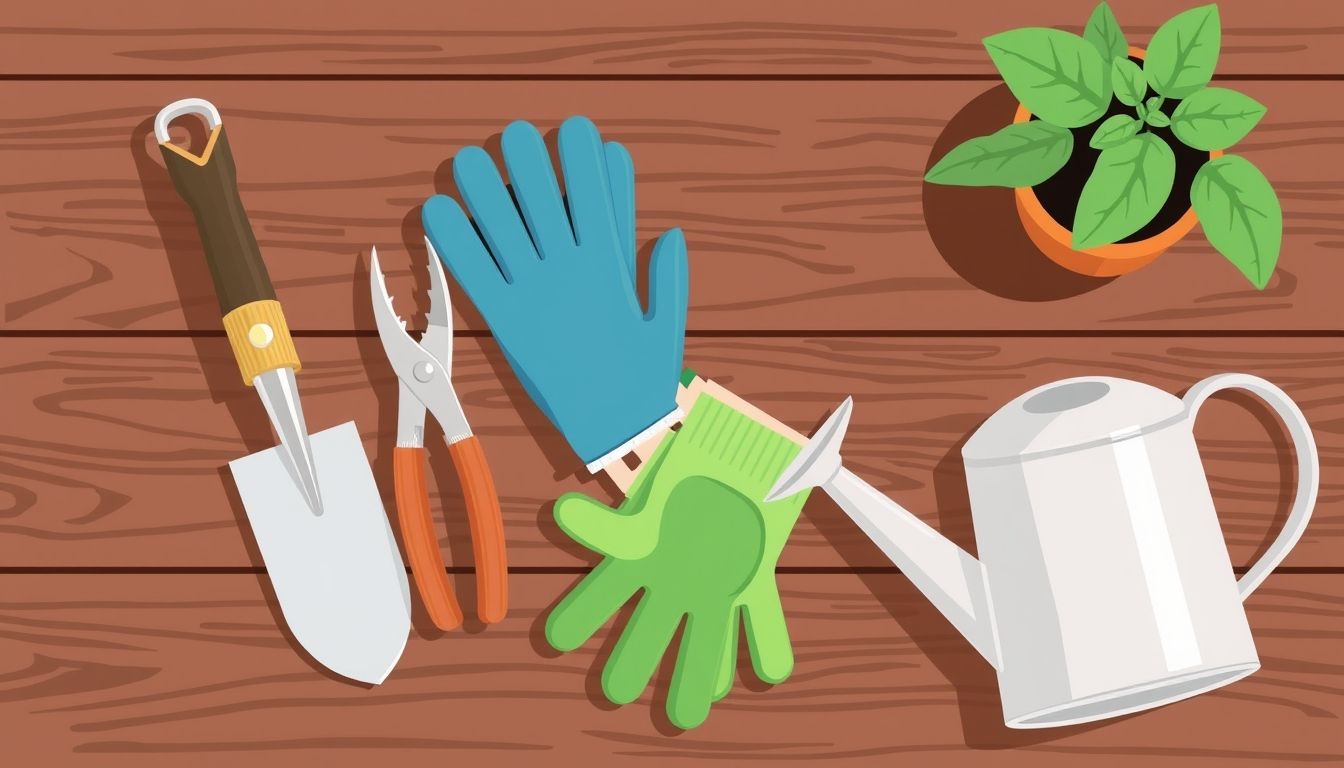 Essential gardening tools on a wooden table