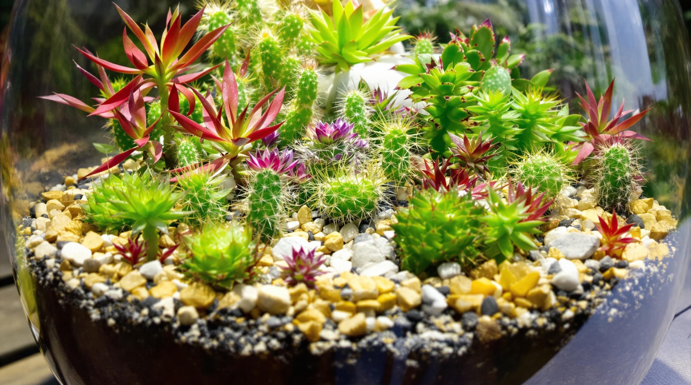 Variedad de cactus y suculentas en terrario.