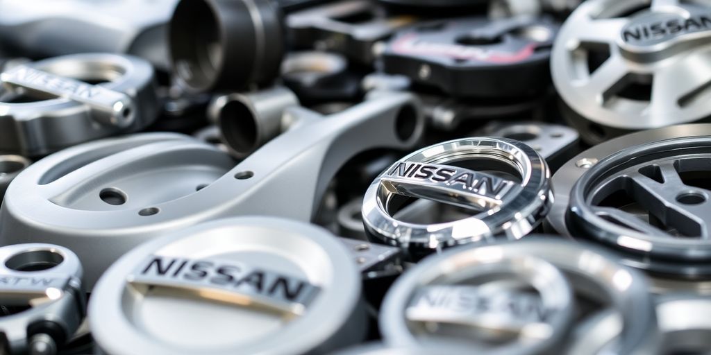 Assortment of shiny Nissan auto parts displayed.