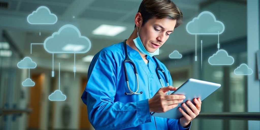 Healthcare professional using a tablet with cloud technology elements.