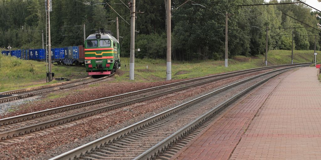 a train traveling down train tracks next to a forest