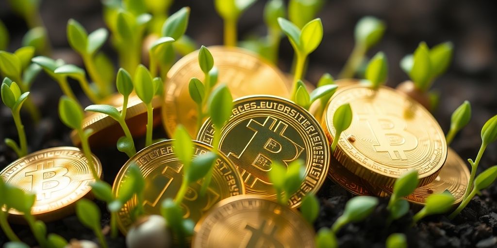 Digital coins and plant sprout, vibrant growth.