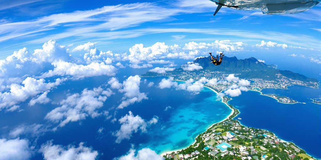 Skydivers leaping from a plane over Bali's coastline.
