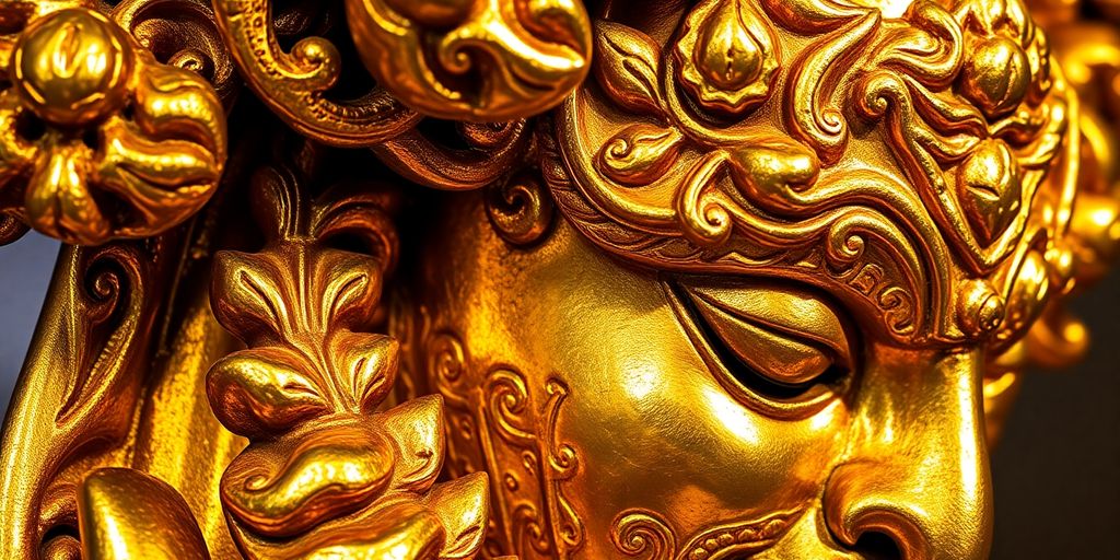 Détail d'une dorure à la feuille d'or sur une sculpture.