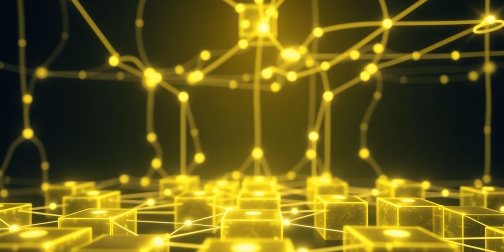 Interconnected digital blocks glowing in a dark network space.