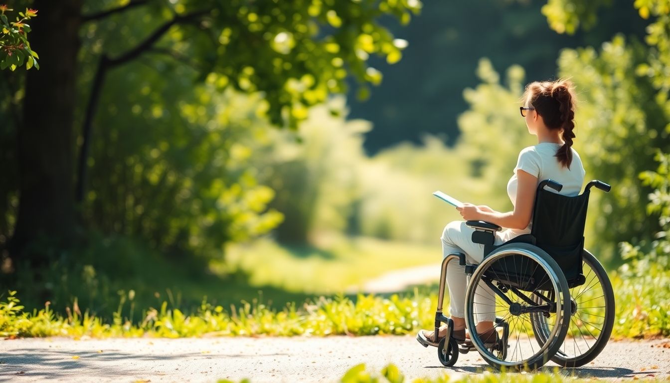 Person in wheelchair meditating in a peaceful outdoor setting.