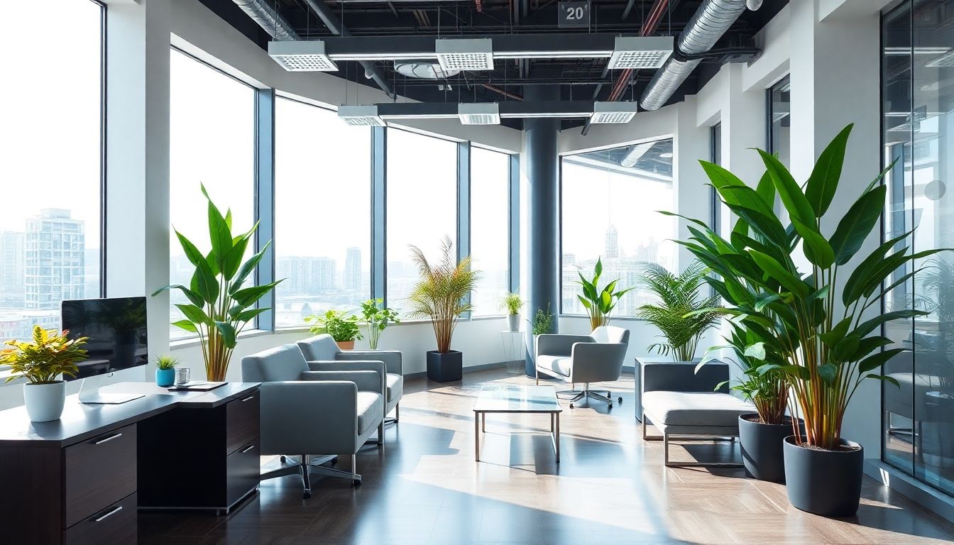 Modern office with sleek furniture and vibrant plants.