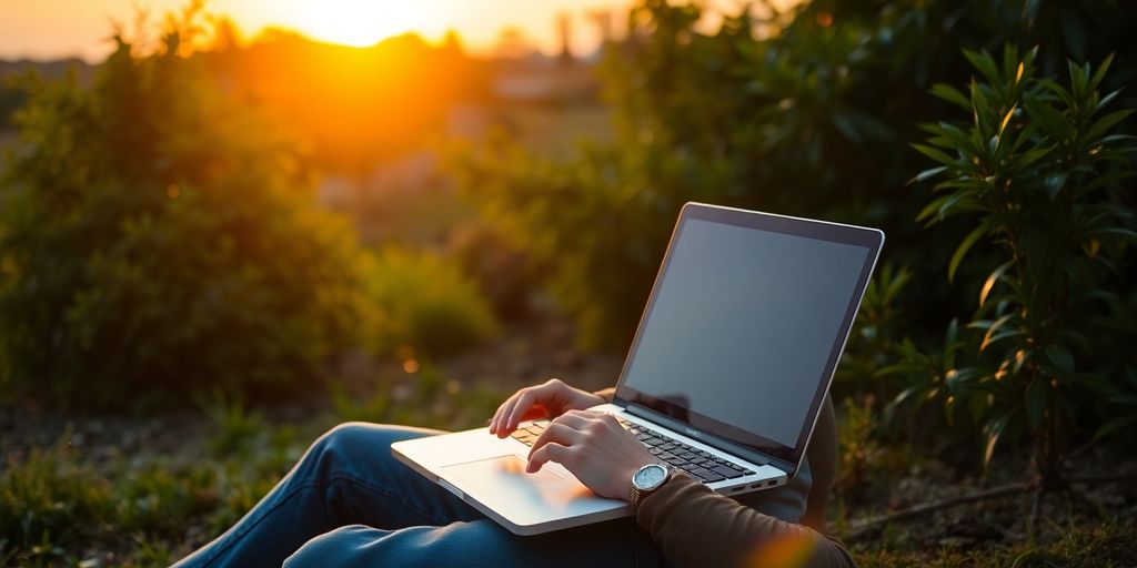 Person coding outdoors, sun setting, laptop, vibrant colors.