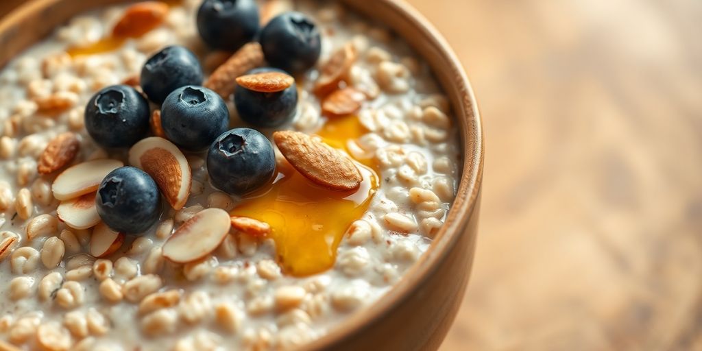 Bowl of oatmeal with berries and nuts.