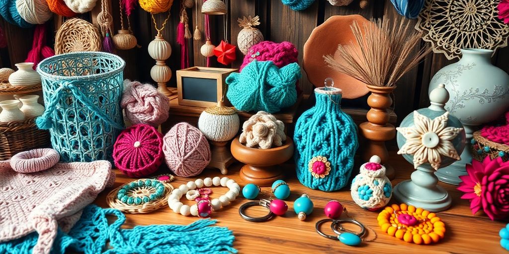 Handmade crafts displayed on a wooden table.