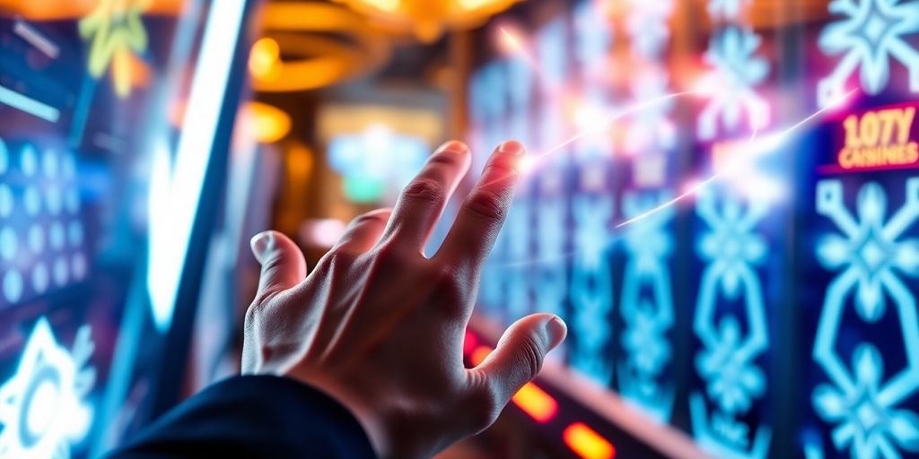 มือวางเหรียญสล็อต แสงไฟสว่างไสว ทันสมัย ปลอดภัย