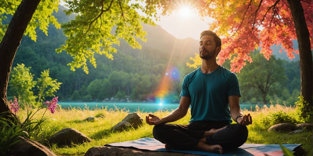 Person meditating with vibrant healing colors