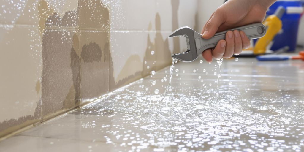 Close-up of a water leak with tools nearby.