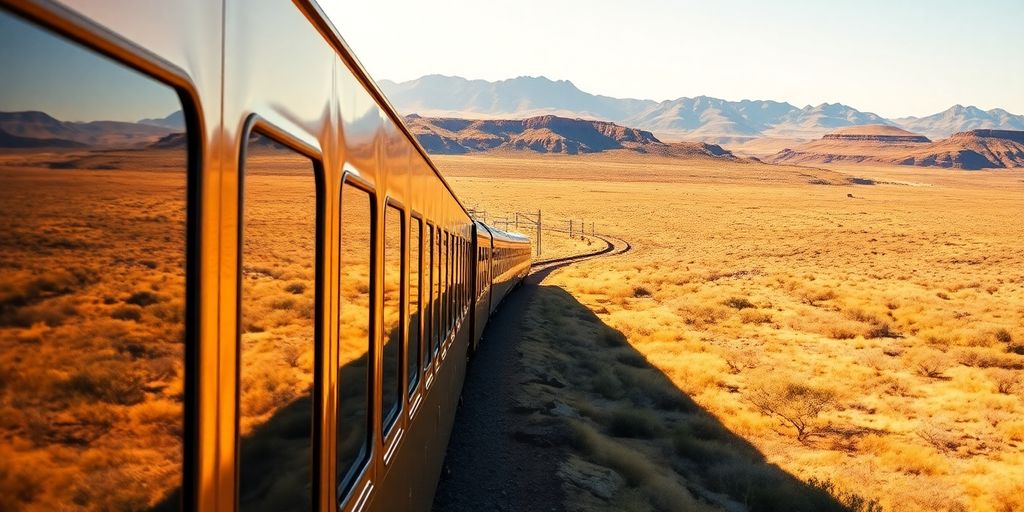 Luxury train traversing Australian outback.