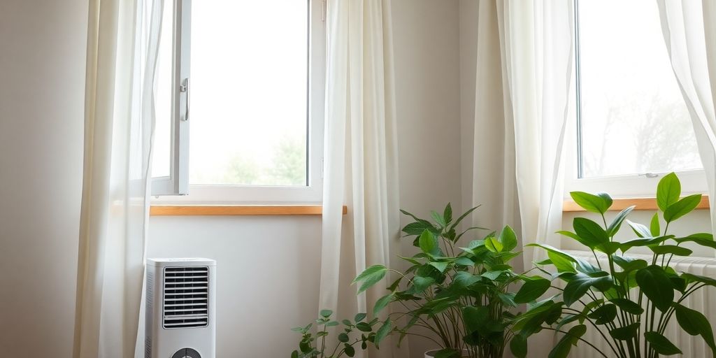 Room with humidifier, open windows, and healthy houseplants.