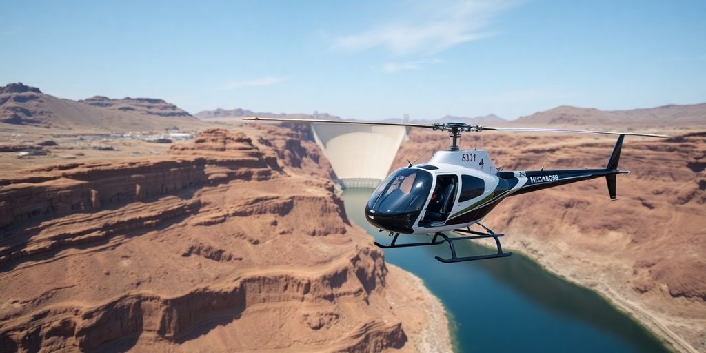 A helicopter flies over the Grand Canyon near Hoover Dam.