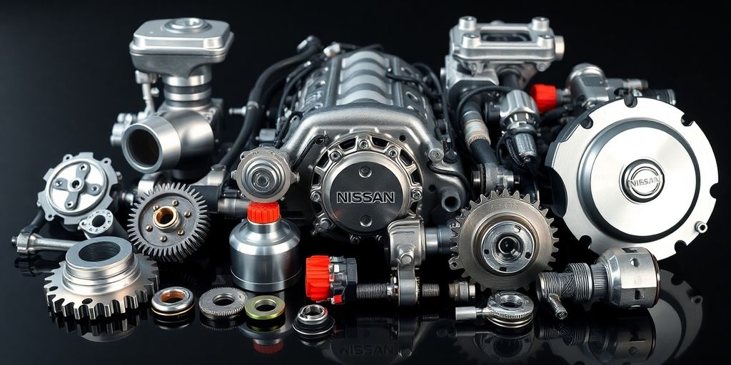 Nissan engine parts arranged neatly.