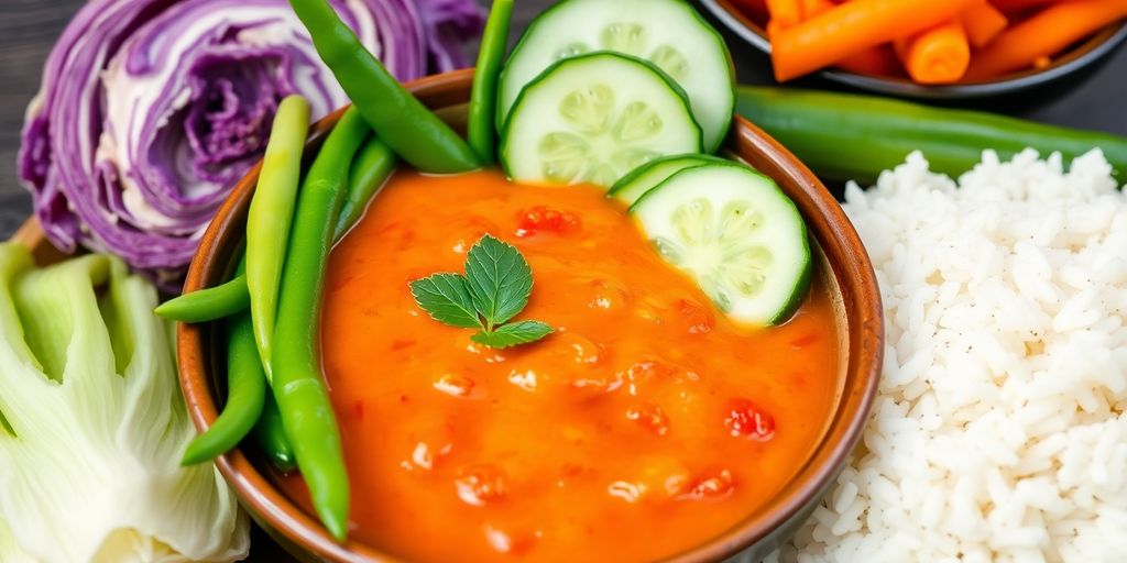 น้ำพริกอ่องเสิร์ฟพร้อมผักสดและข้าวสวย