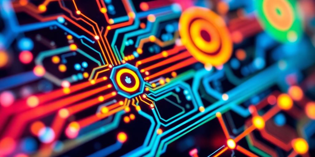 Futuristic AI interface with glowing circuits and nodes.