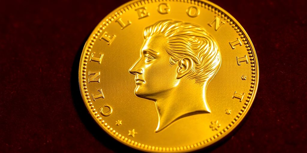 Une pièce de Napoléon en or sur un fond velouté.