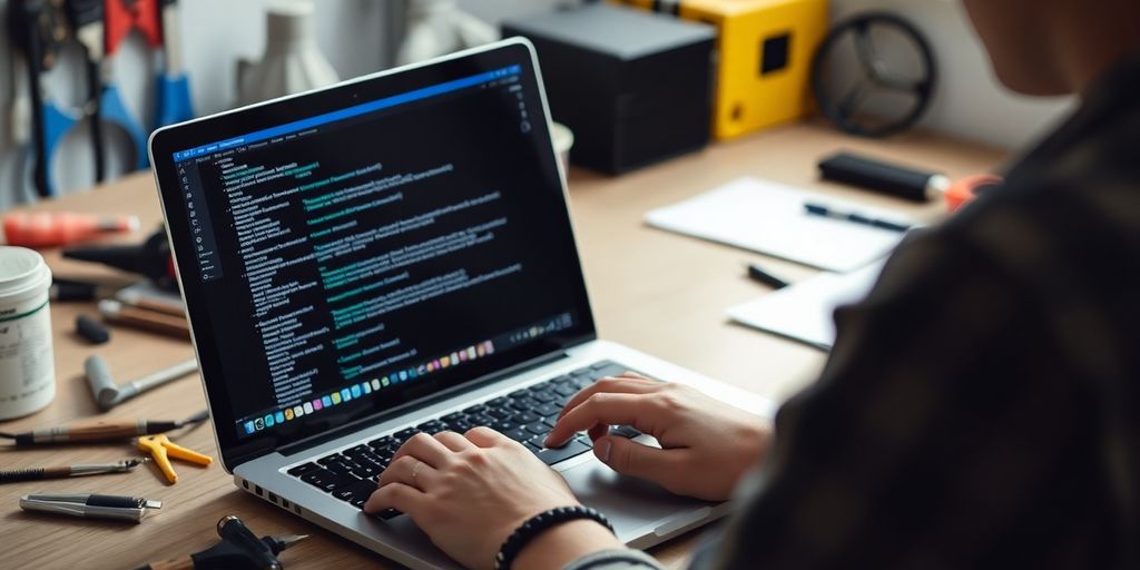 Professional maintaining website on laptop with tools.