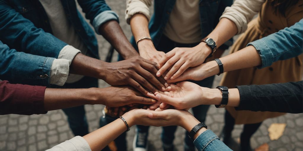 Diverse group of people holding hands in unity