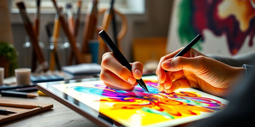Artist painting on digital tablet, surrounded by art.