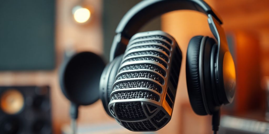 Microphone, headphones, and sound waves.
