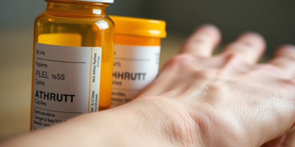 Pill bottle next to swollen hand.