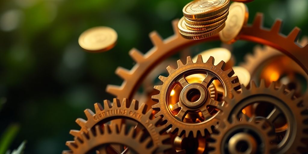 Coins falling into a glowing, intricate gear system.