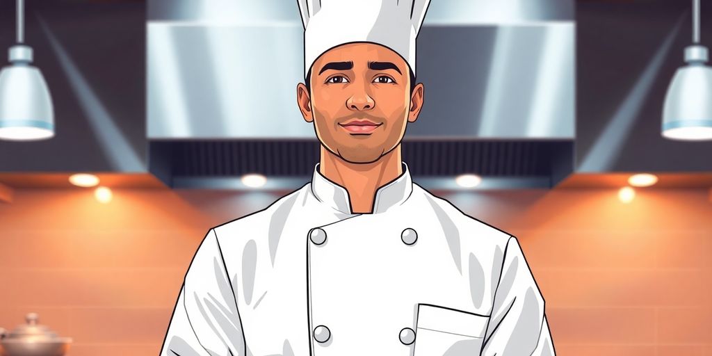 Chef in white uniform, toque, kitchen.