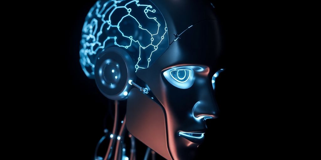 Close-up of a robotic head with glowing neural patterns.