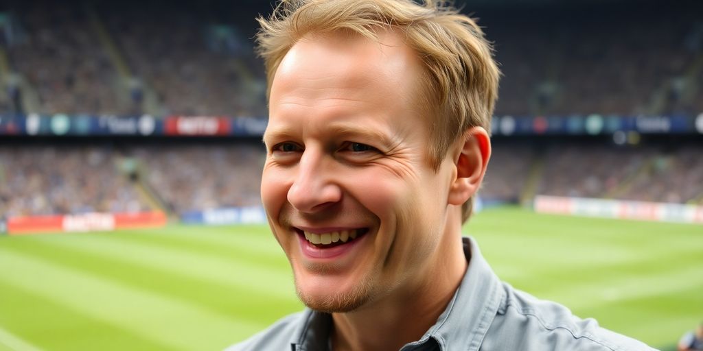 Graeme Le Saux smiling at a soccer stadium.