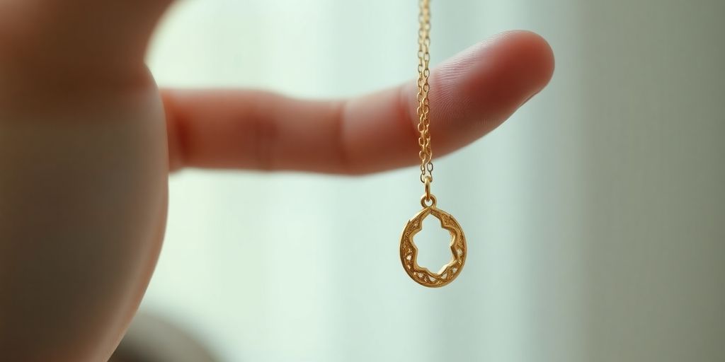 Main d'une personne tenant un collier en or.