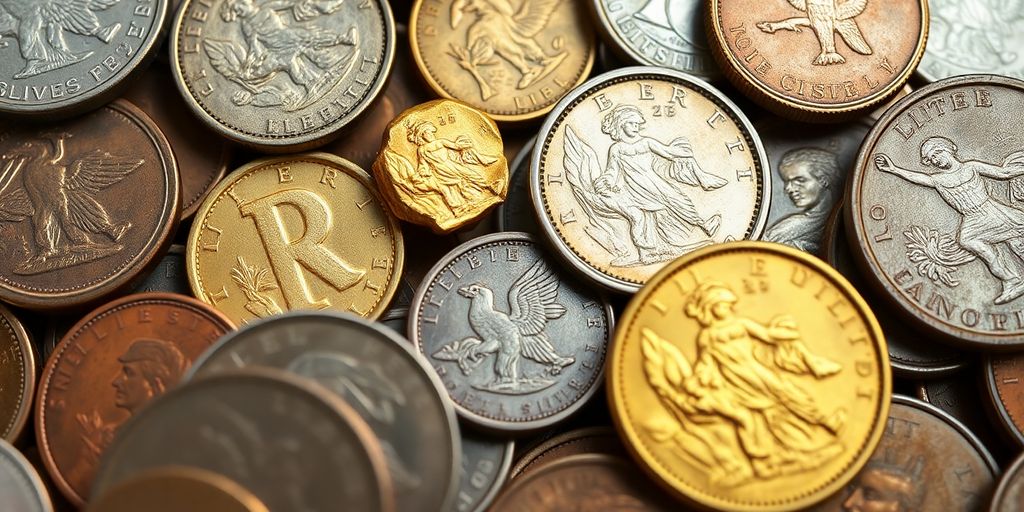 Pièces de monnaie anciennes et pépites d'or.