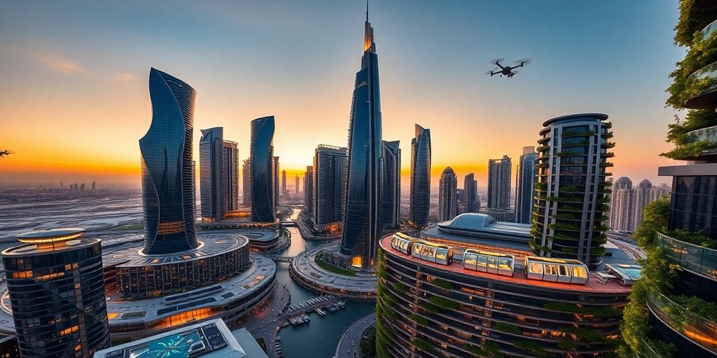Aerial view of futuristic Dubai skyline at dusk, illuminated monorails