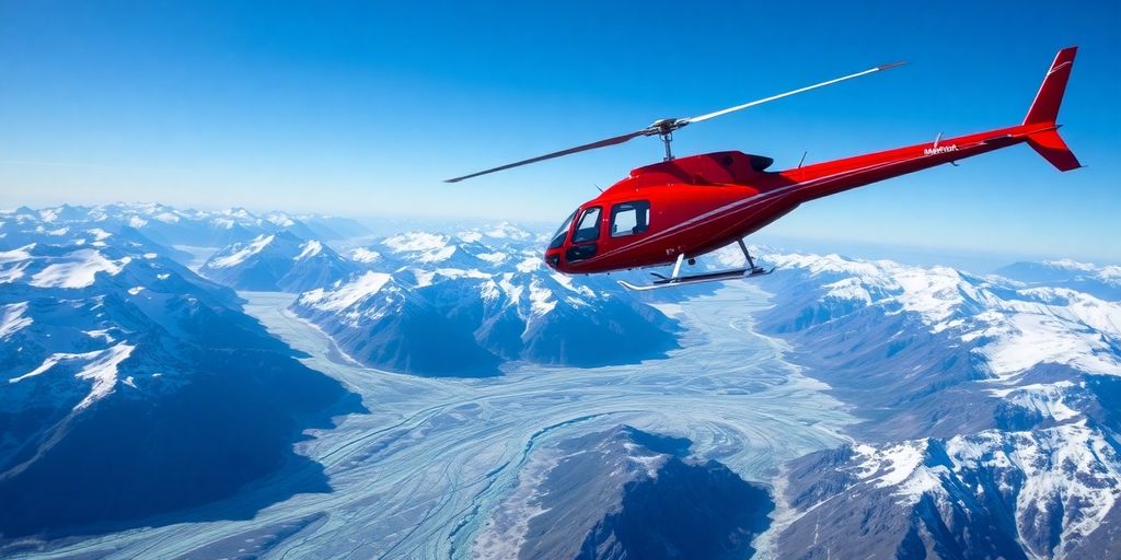 A red helicopter flies over snow-covered Alaskan mountains and glaciers.