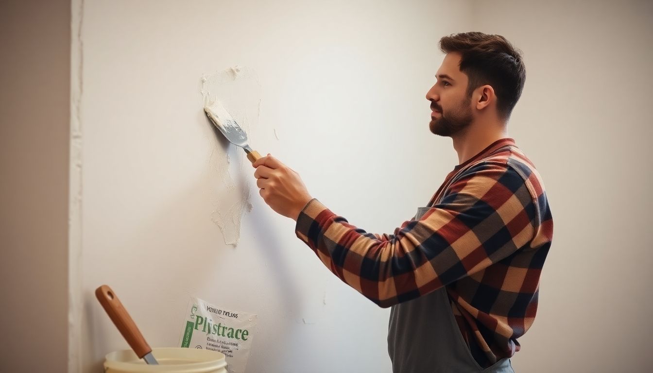 Plasterer working on a wall with tools nearby.