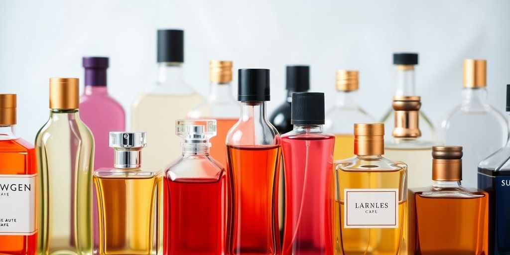 Frascos de perfume variados em fundo desfocado.