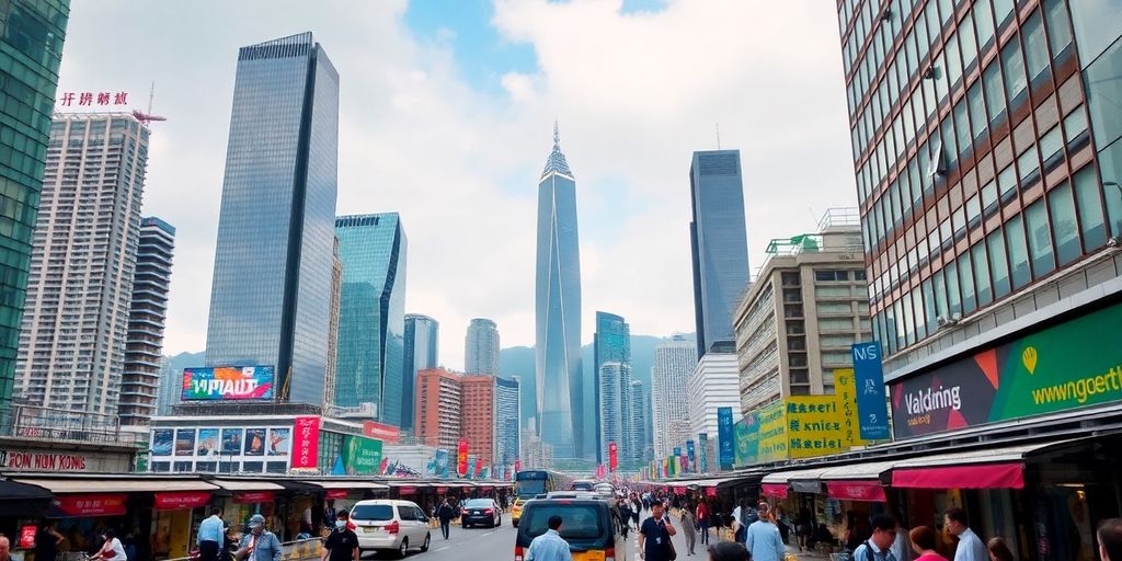Hong Kong skyline with busy streets and modern skyscrapers.