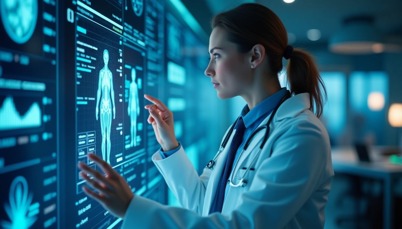 Médico colaborando com tecnologia de IA em ambiente médico.