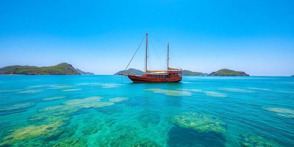 Elbark Phinisi sailing in Komodo National Park waters.