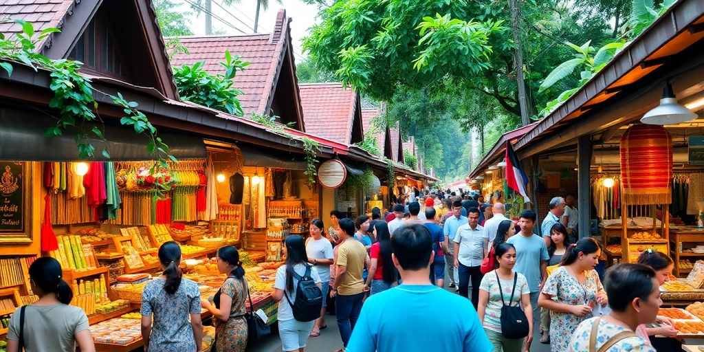 Vibrant Chiang Mai street market with colorful stalls.